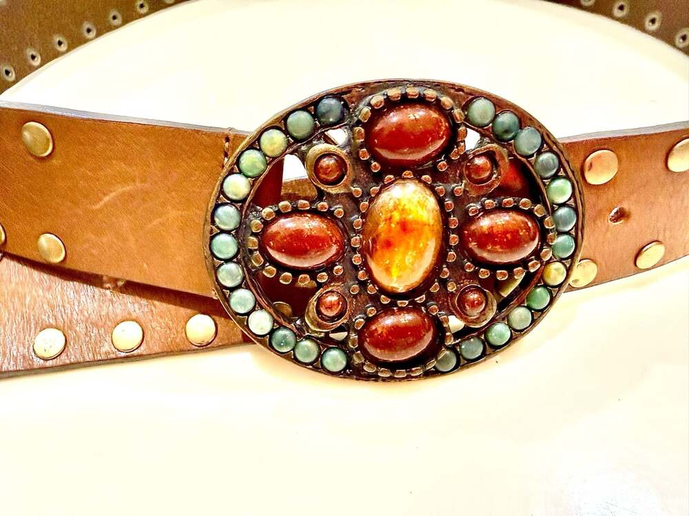 Carlisle Brown Genuine Italian Leather Studded Belt with Jeweled Boho Buckle